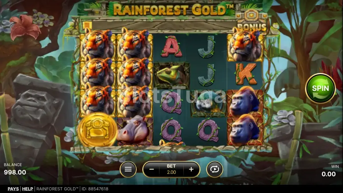 Jogo base da Rainforest Gold com a grade de rolos e simbolos da floresta