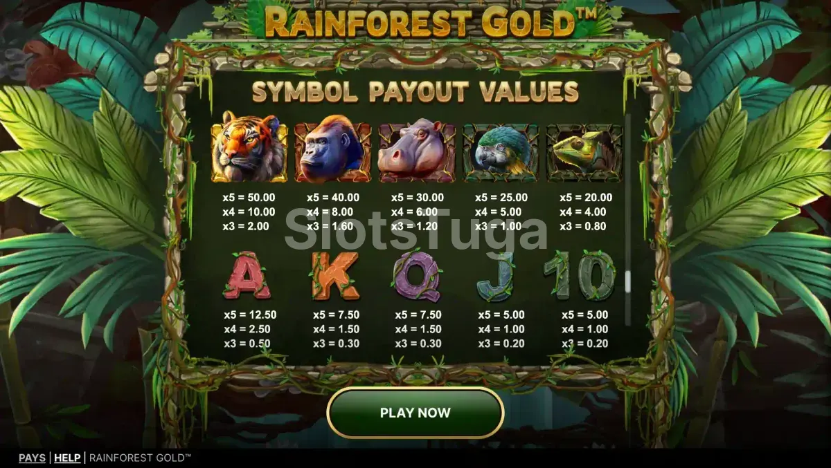 Tabela de pagamentos da Rainforest Gold com os simbolos e valores