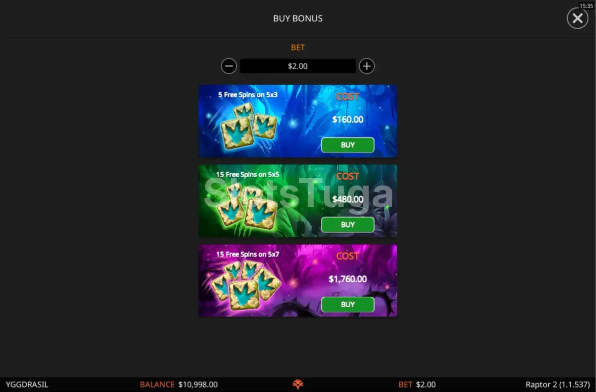 Tela de compra de bônus da slot Raptor 2 da Yggdrasil