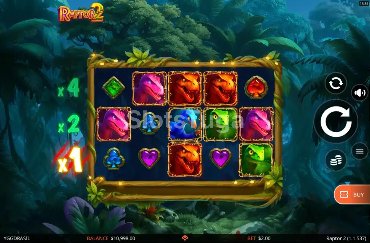 Jogo base da slot Raptor 2 com rolos em ação