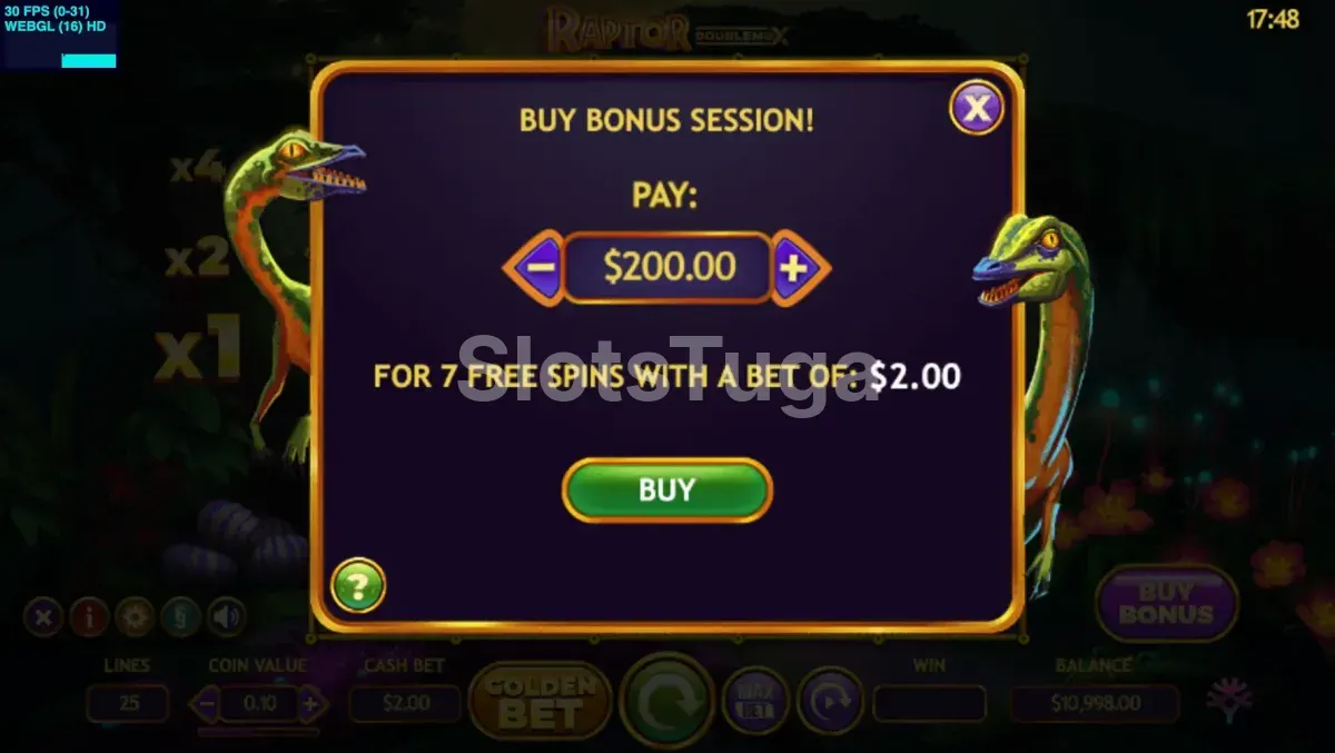 Tela de compra de bônus do slot Raptor DoubleMax