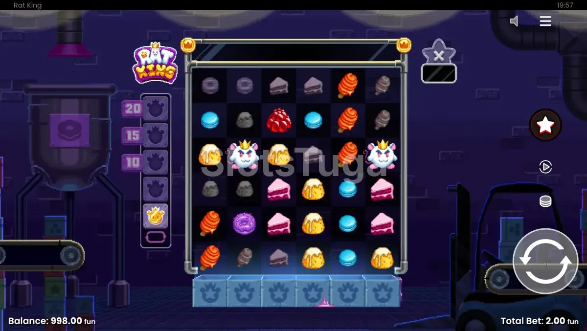 Tela principal do Rat King com grid 6x6 e fábrica de doces ao fundo