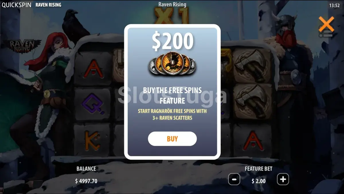 Função de compra de bônus na slot Raven Rising