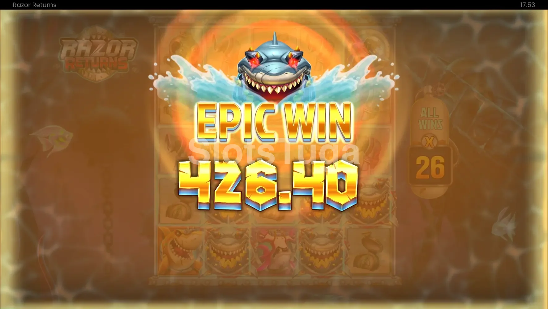 Tela de grande vitória na Razor Returns com multiplicador alto