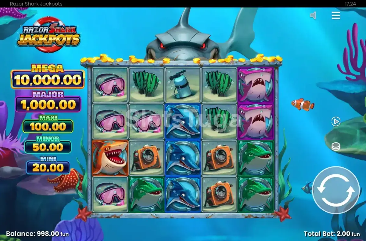 Jogo base do Razor Shark Jackpots com tubarões e símbolos de mistério