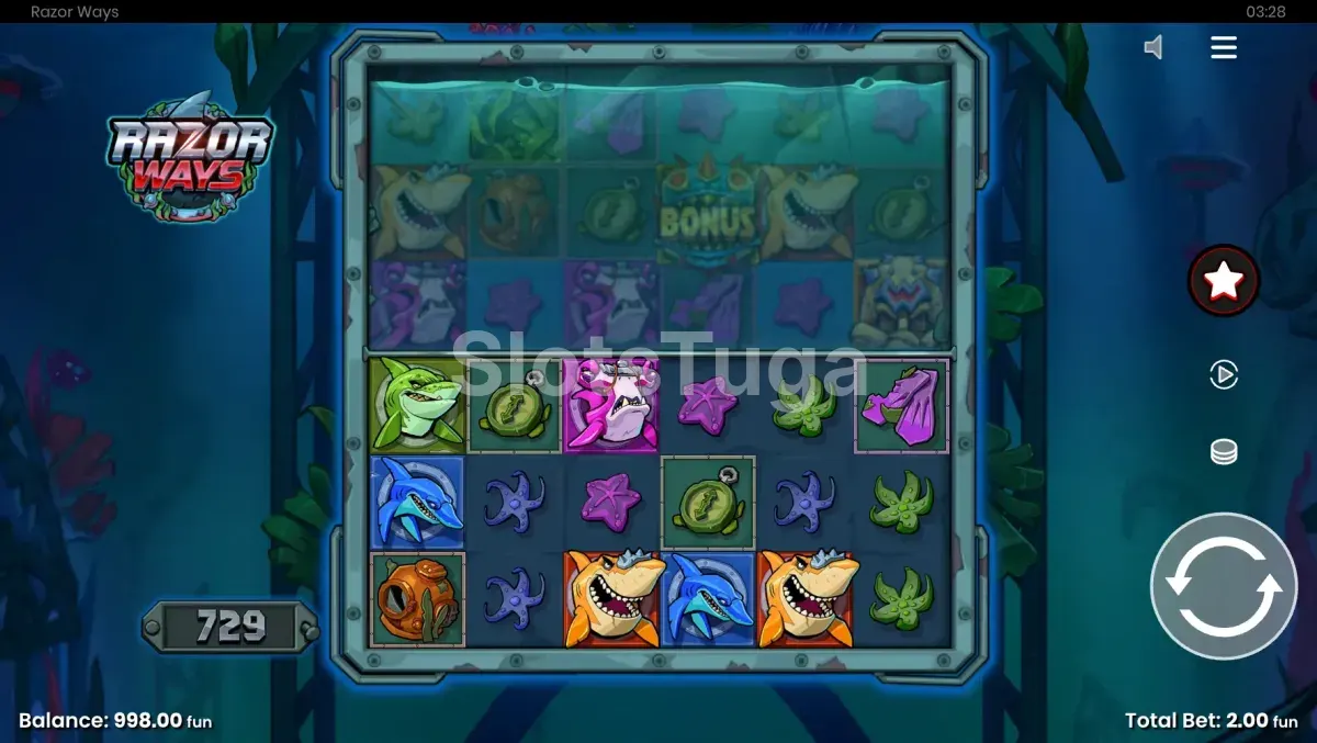 Tela principal do jogo Razor Ways com os rolos ativos