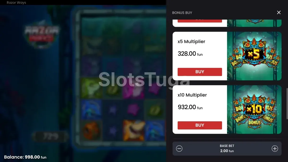 Menu de compra de bônus do Razor Ways com as opções disponíveis