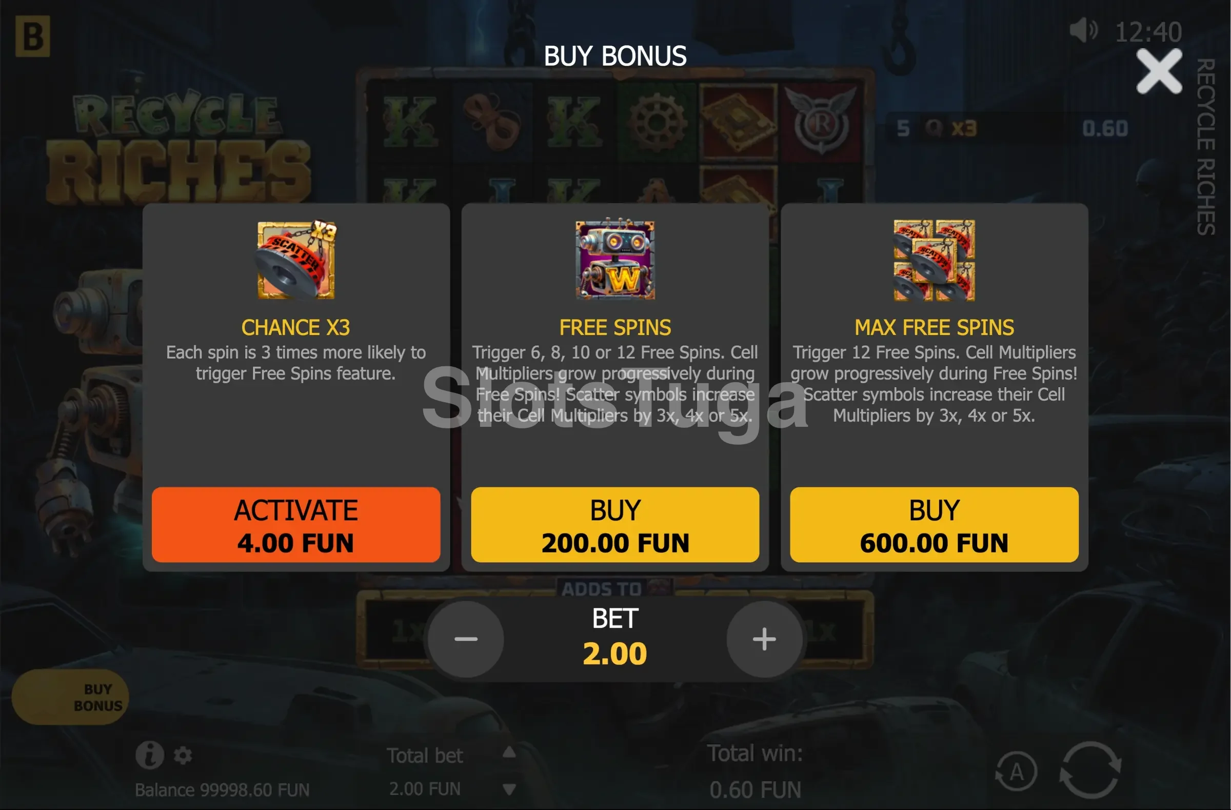 Tela de compra de bônus na Recycle Riches
