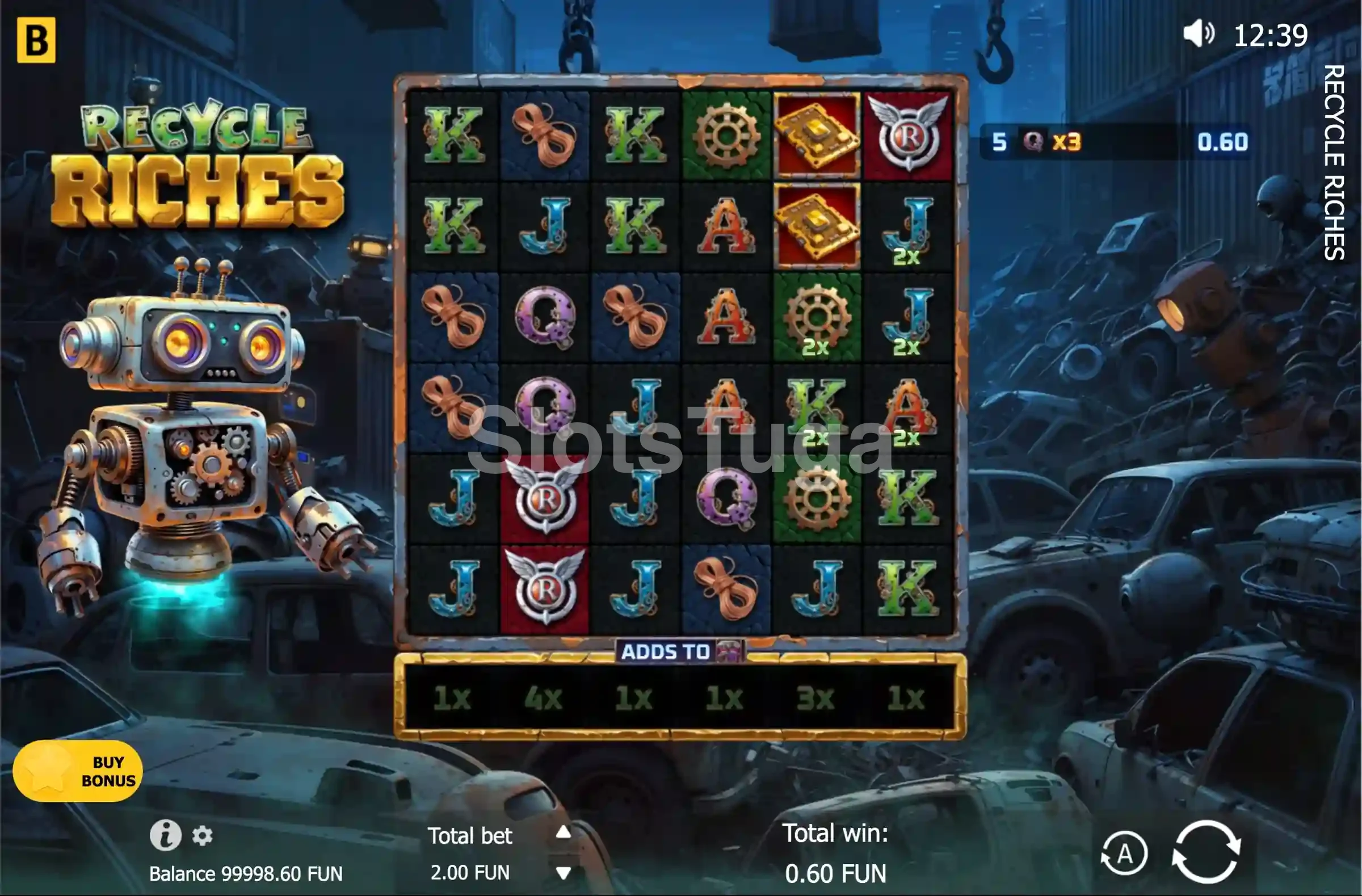 Jogo base da Recycle Riches com rouleaux em ação