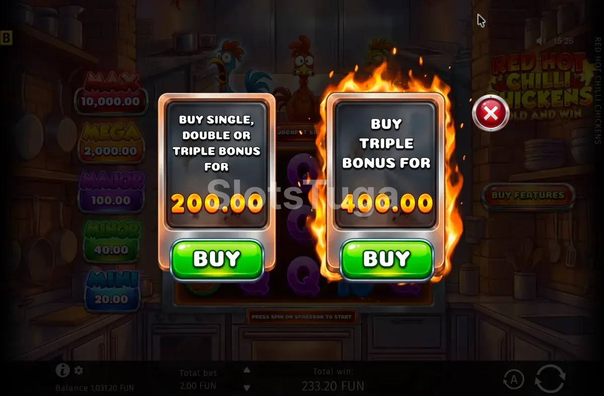 Ecrã de compra de bónus (Feature Buy) em Red Hot Chilli Chickens