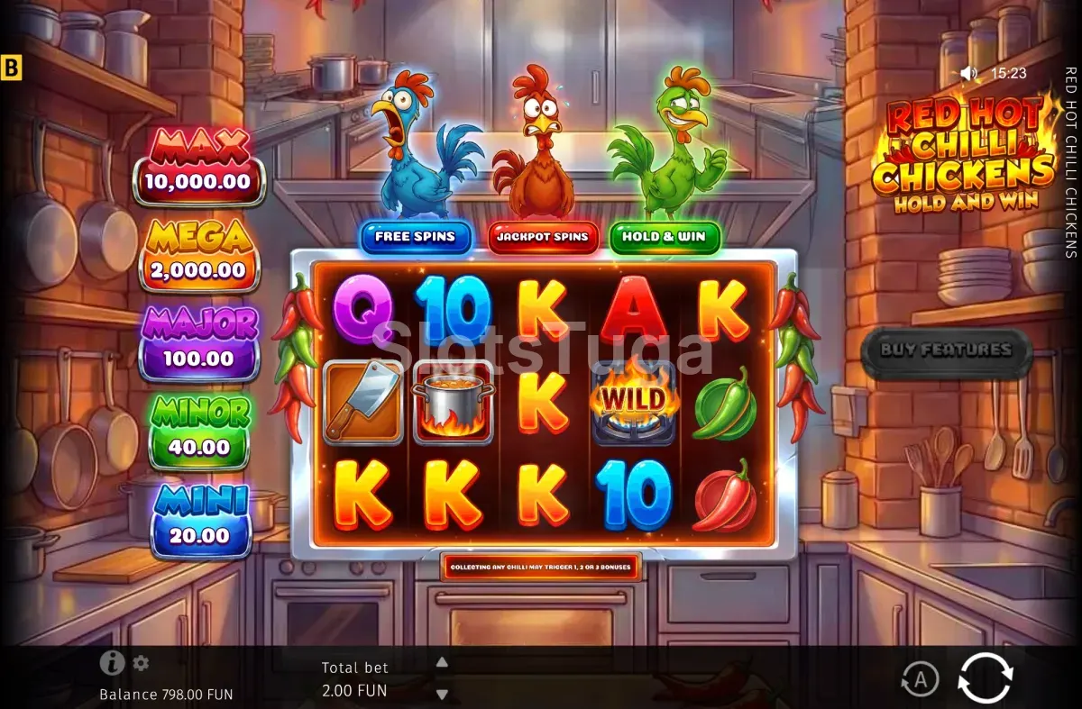 Símbolos Chilli e Mystery a activarem os potes em Red Hot Chilli Chickens