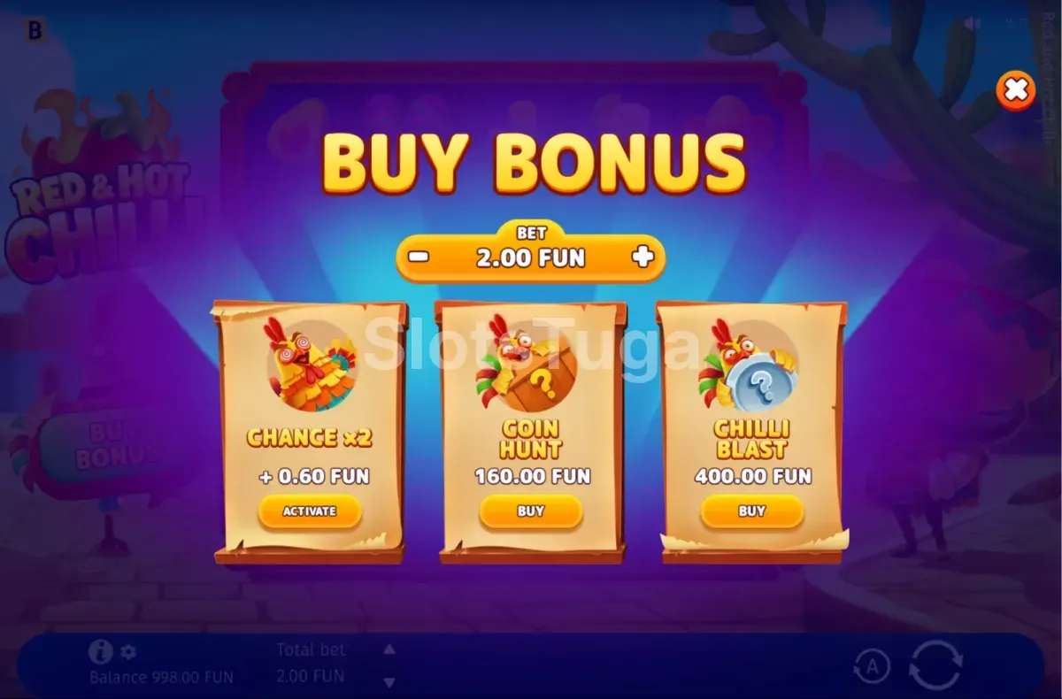 Menu de Bonus Buy de Red & Hot Chilli com o custo da compra