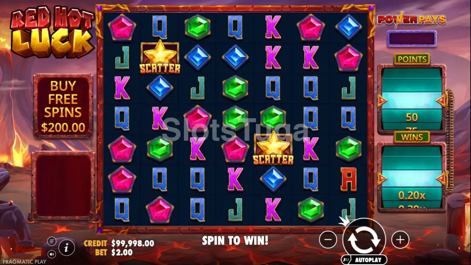 Jogo base da Red Hot Luck com grid 7x7 e tema vulcânico