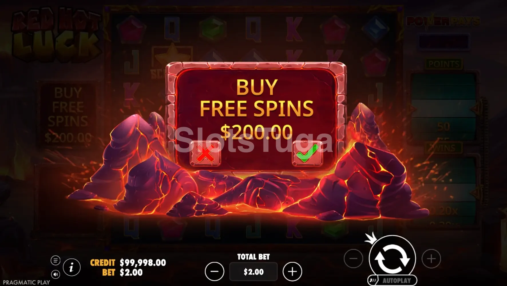 Tela de compra de bônus da Red Hot Luck com opção de 100x a aposta