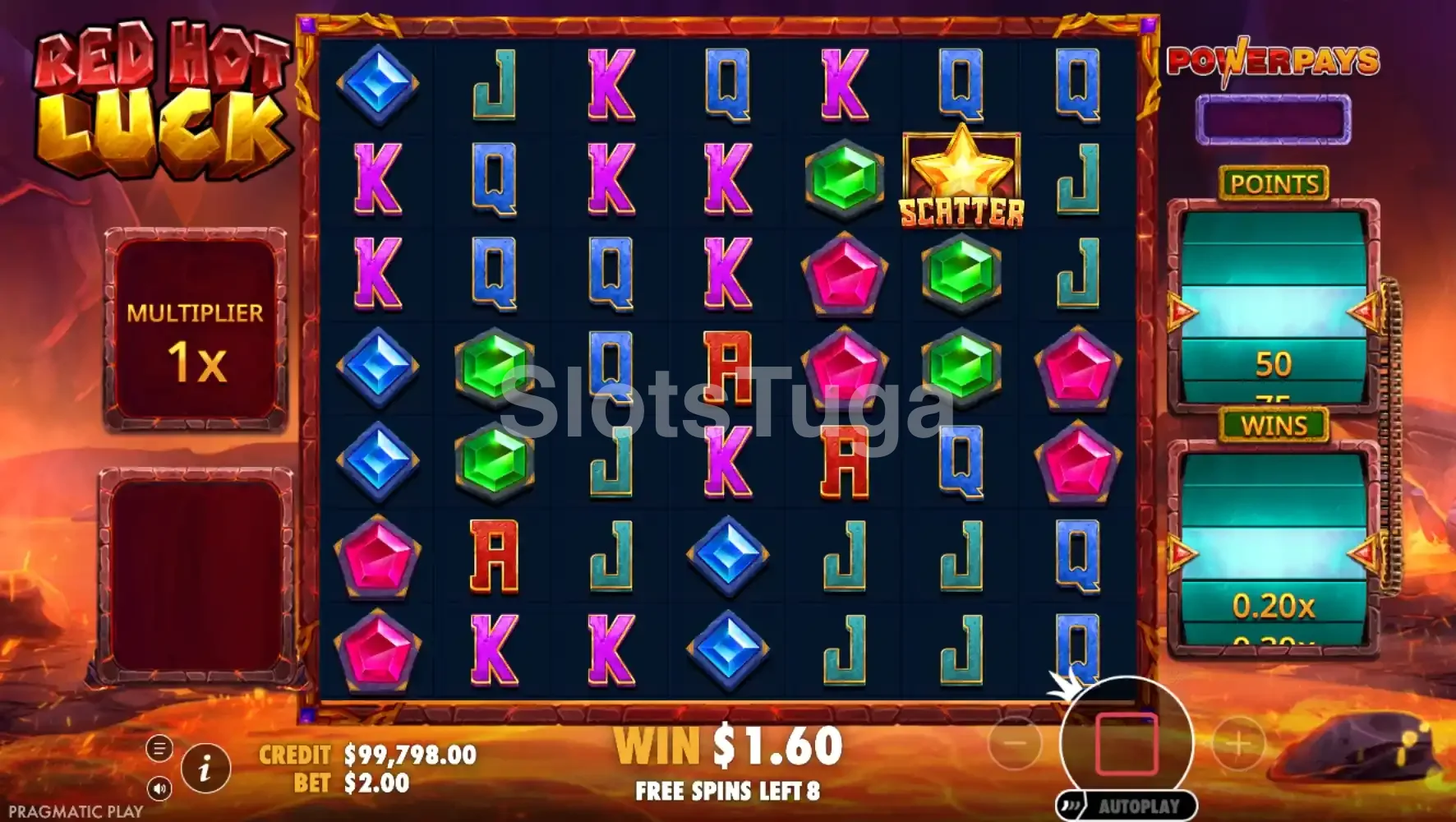 Modo de free spins da Red Hot Luck com multiplicador acumulado em destaque