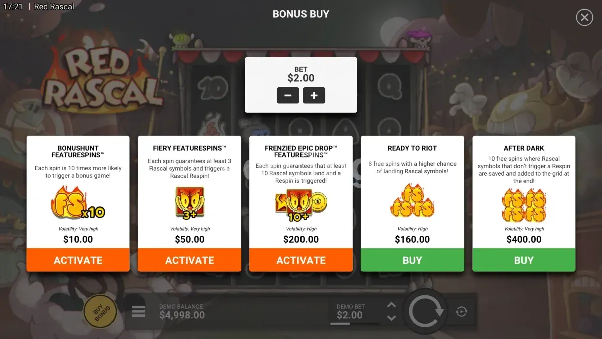 Tela de compra de bônus do Red Rascal com todas as opções disponíveis