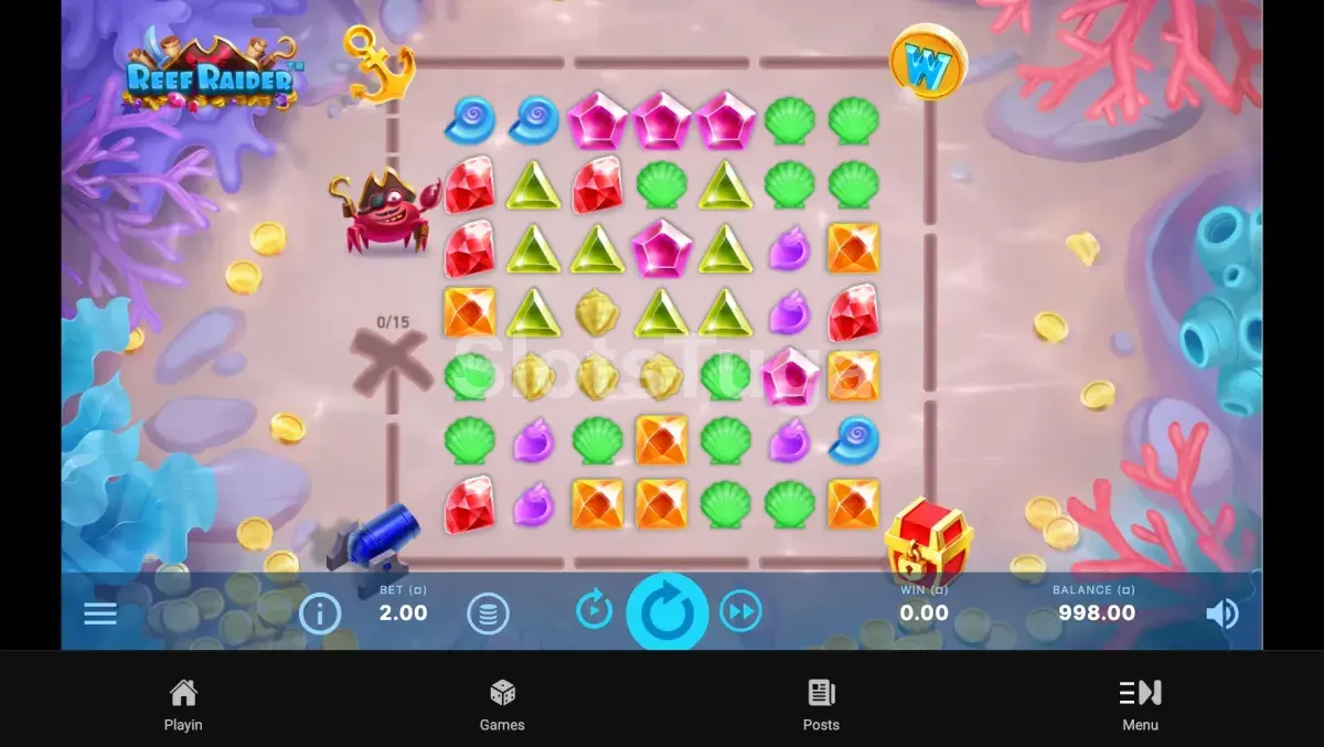 Jogo base da Reef Raider com grade 7x7 e símbolos coloridos
