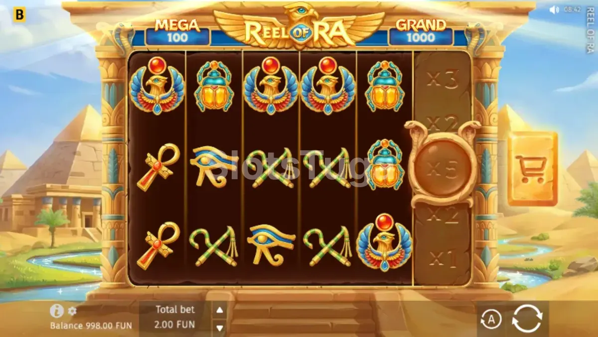 Jogo base da Reel of Ra com símbolos egípcios nos rolos