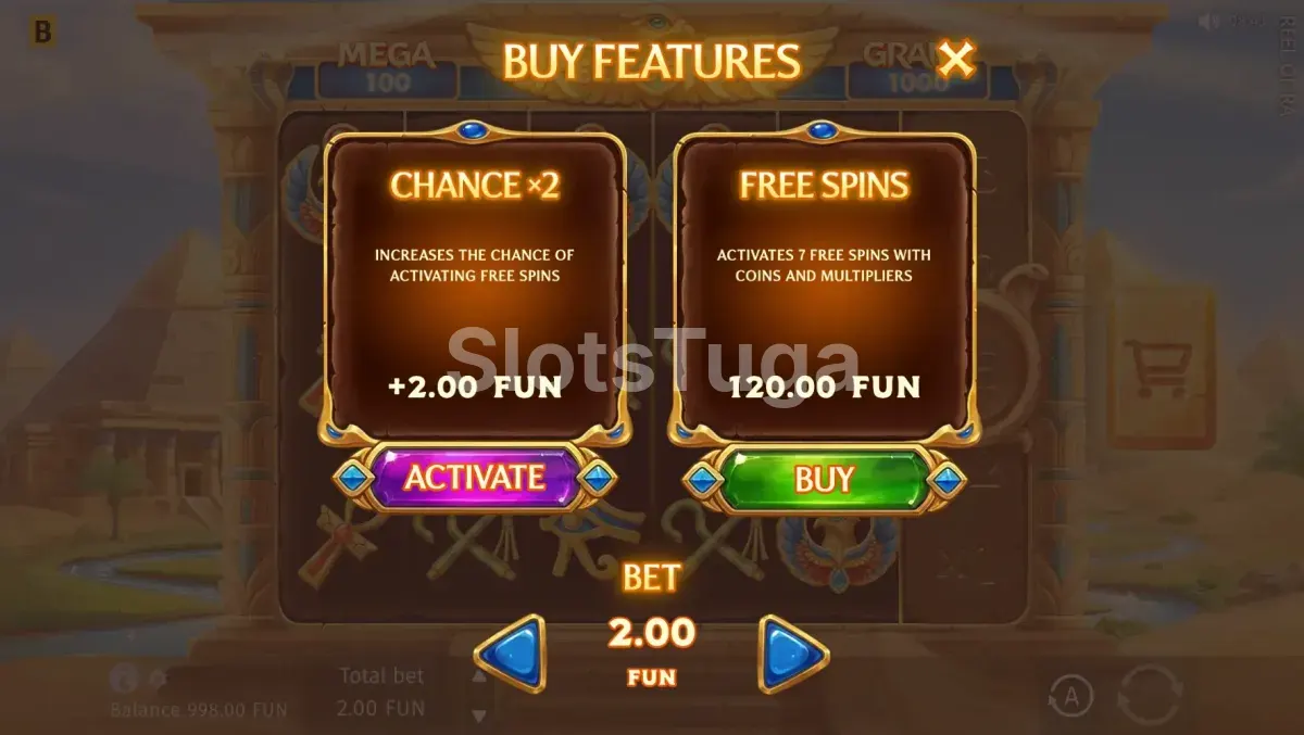 Tela de compra de bônus da slot Reel of Ra da BGaming