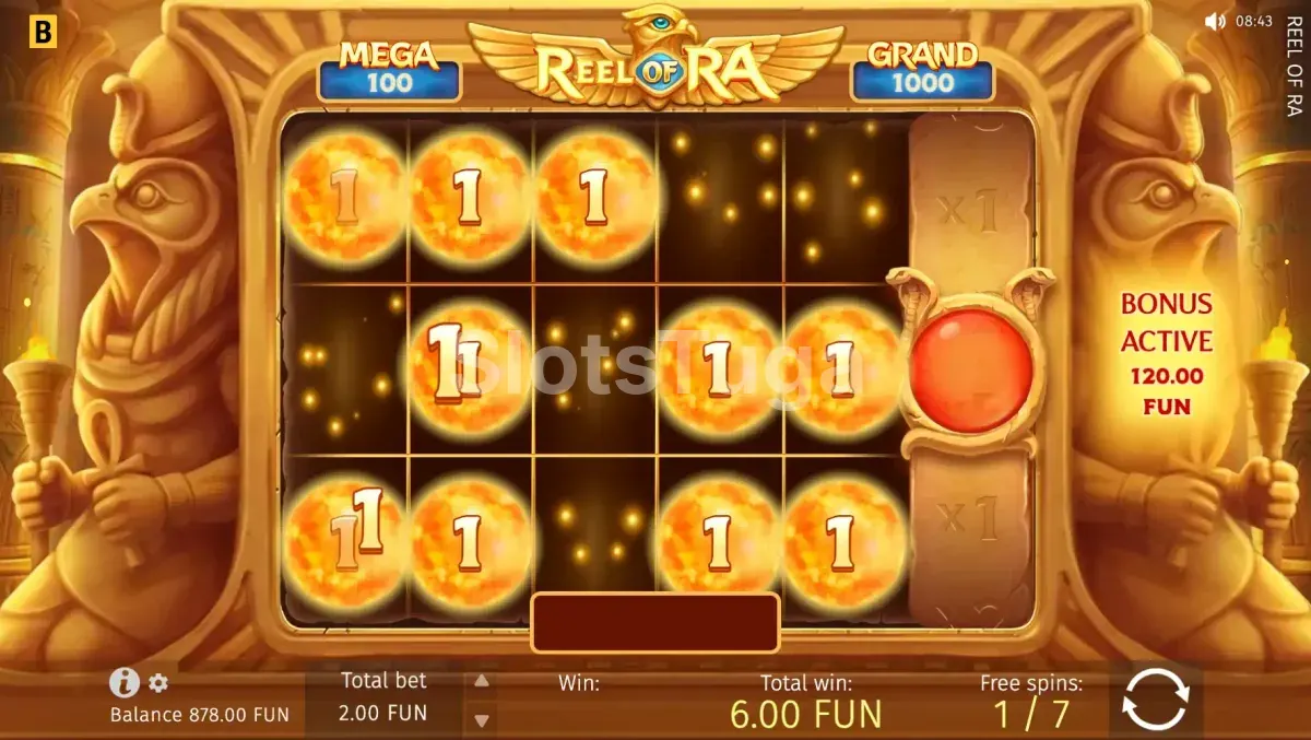Rodadas grátis ativas na Reel of Ra com moedas e multiplicadores
