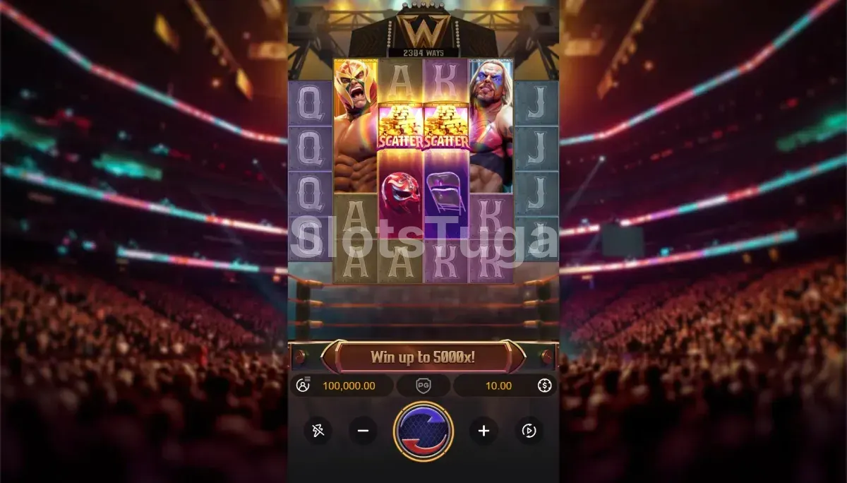 Jogo base da Reel Royale Showdown com ringue lotado ao fundo