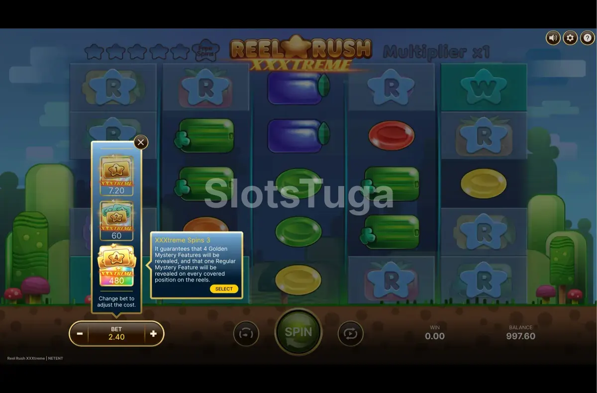 Tela de compra de bônus da Reel Rush XXXtreme com três opções