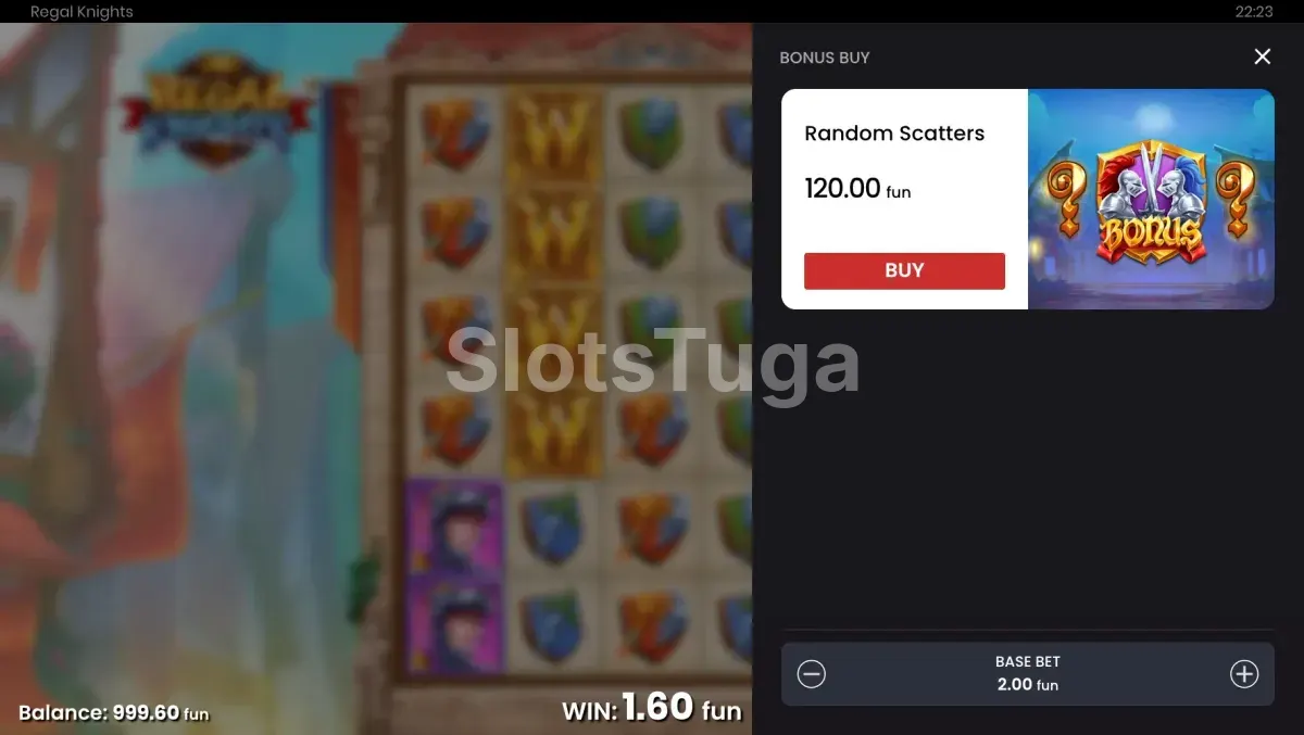 Tela de compra de bônus da Regal Knights da Push Gaming