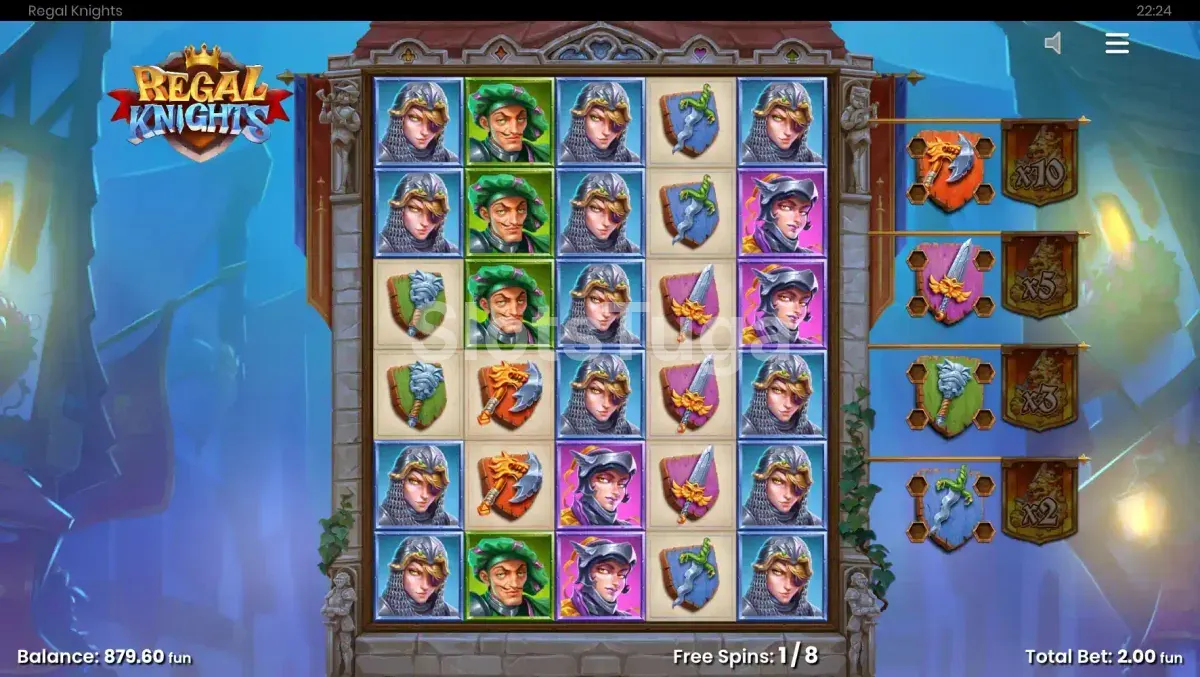 Tela de giros grátis da Regal Knights com multiplicadores ativos