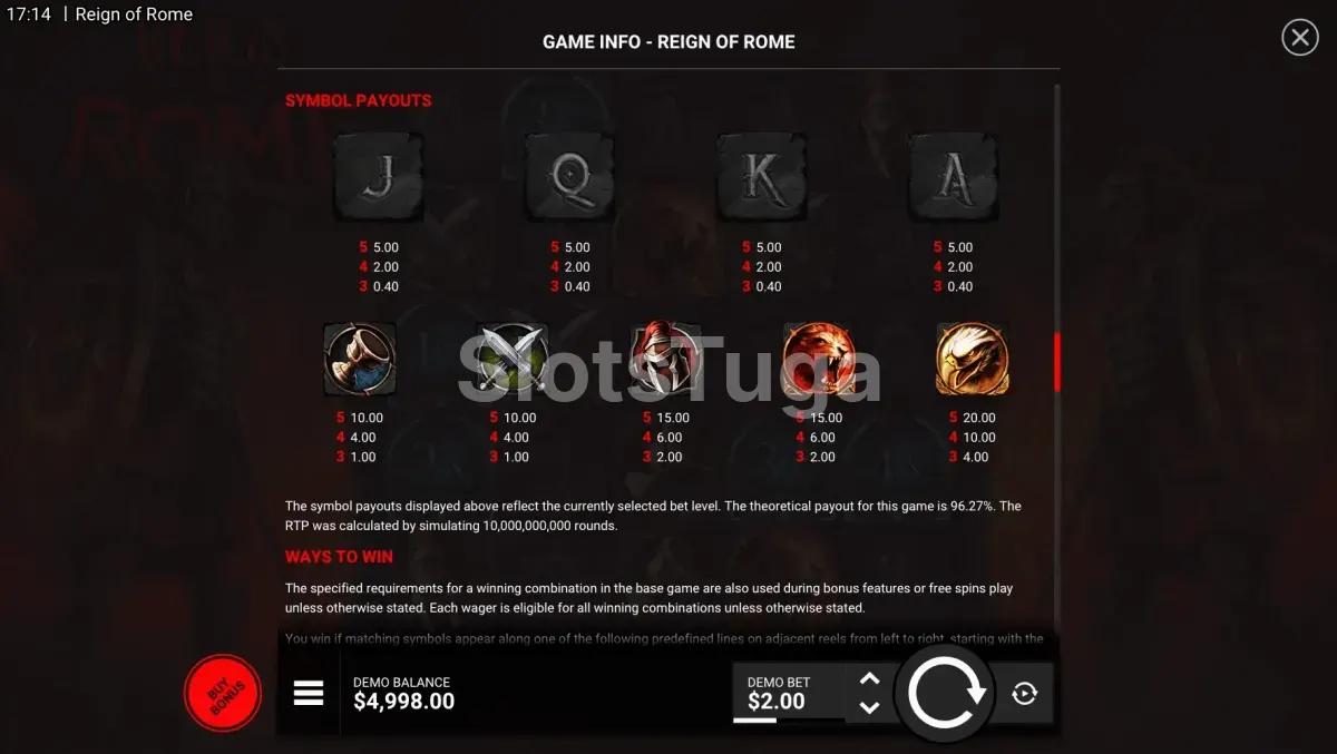 Tabela de pagamentos da slot Reign of Rome