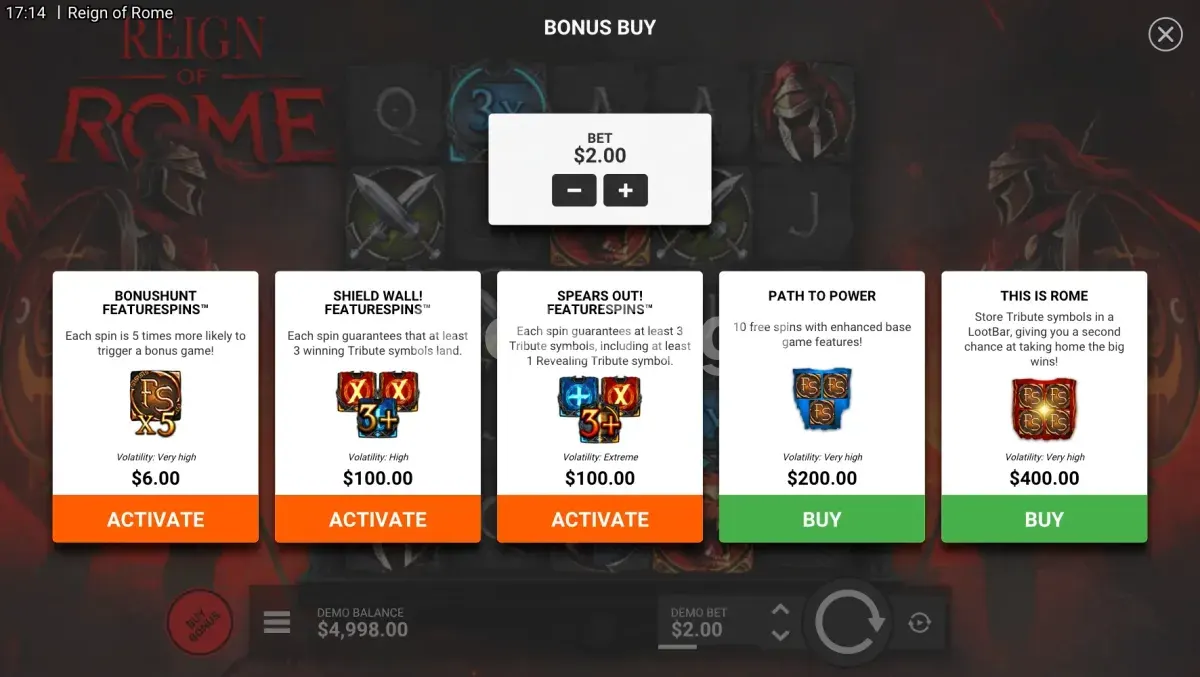 Tela de compra de bônus da Reign of Rome