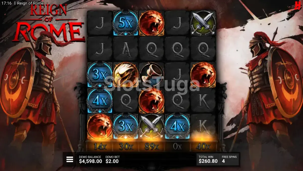 Rodada de giros grátis ativada na slot Reign of Rome