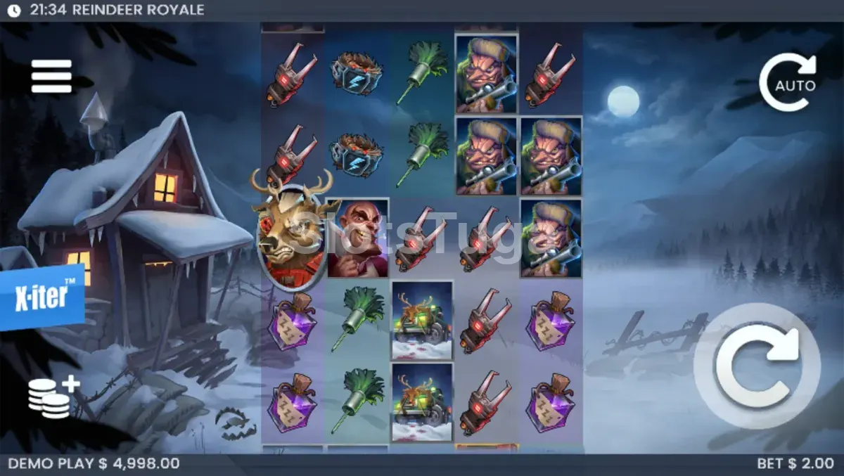 Jogo base da Reindeer Royale com renas e cabana sinistra