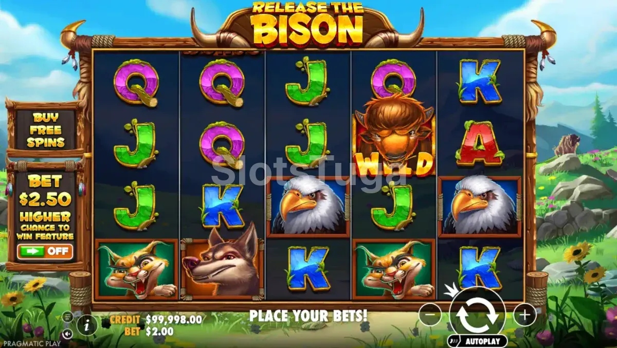 Jogo base da slot Release the Bison com paisagem natural e animais nos rolos