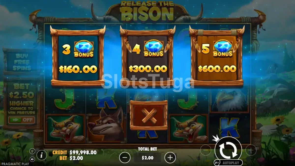 Tela de compra de bônus da Release the Bison com três opções disponíveis