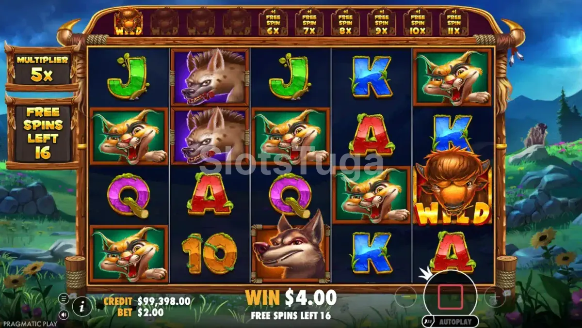 Rodadas grátis em andamento na slot Release the Bison com wilds acumulados