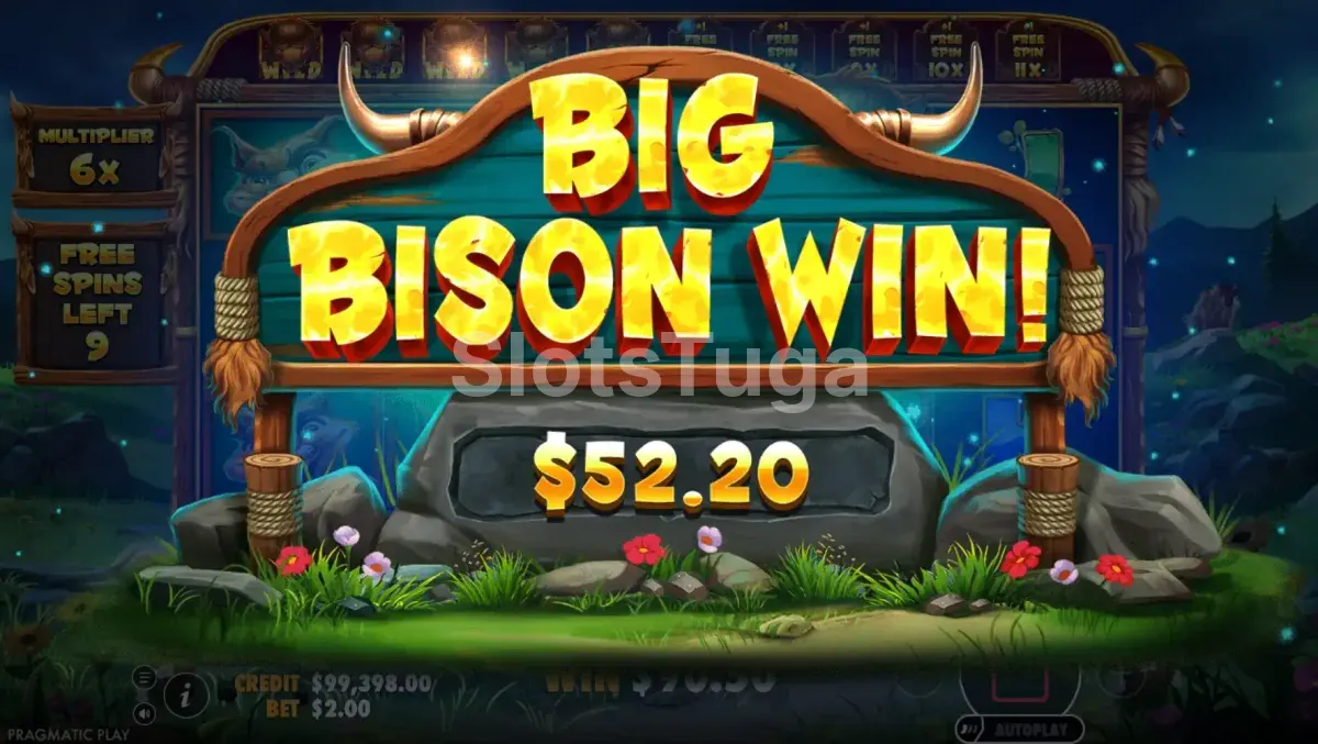 Tela de grande vitória na slot Release the Bison com multiplicador alto