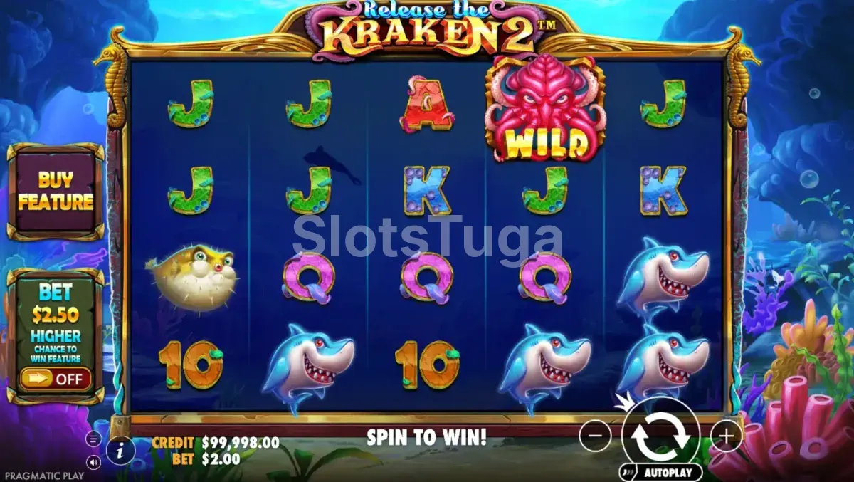 Release the Kraken 2: cinco rolos no fundo do mar, com tubarões, um peixe-balão e o Kraken cor-de-rosa como símbolo wild, e o botão de compra de funcionalidade à esquerda.