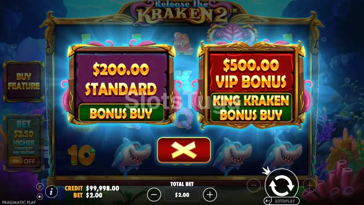 Tela de compra de bônus do Release the Kraken 2 com opções disponíveis
