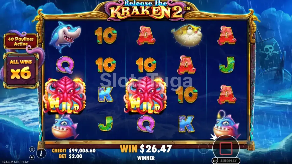 Rodada de giros grátis ativada no Release the Kraken 2 com multiplicadores