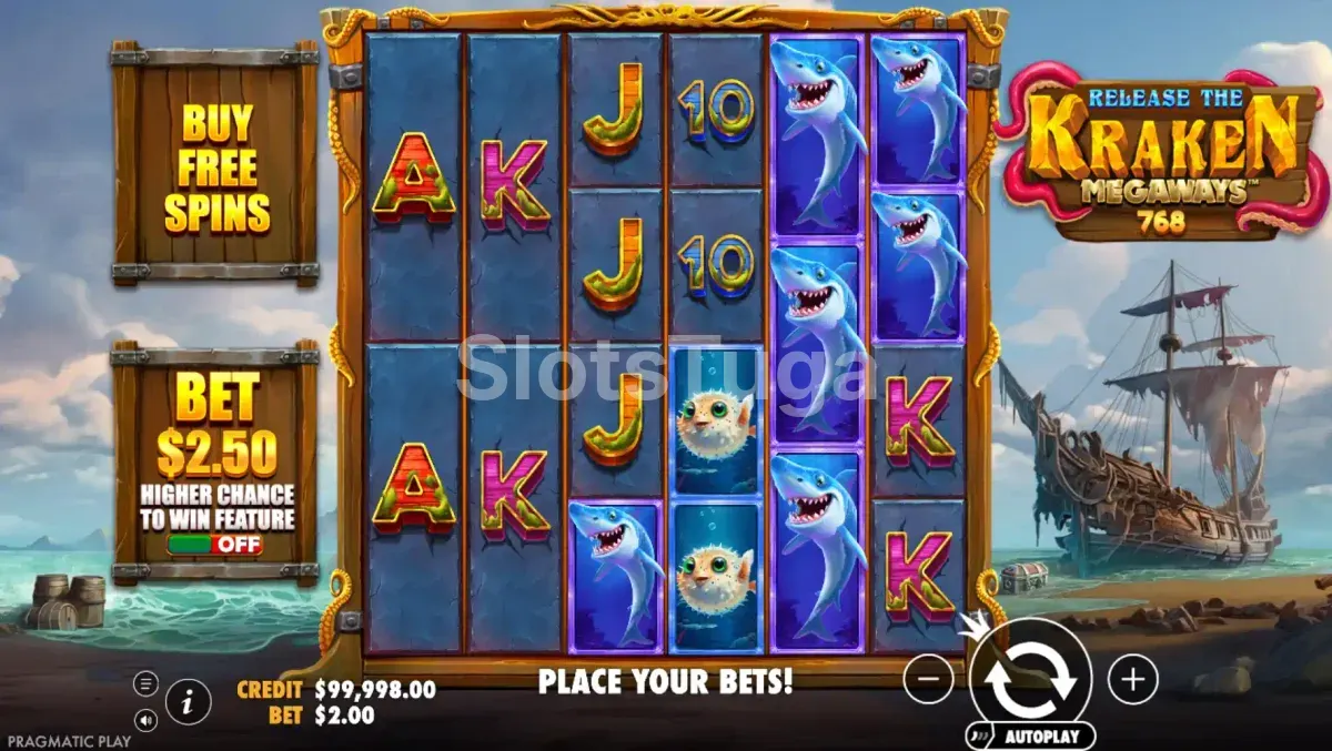Jogo base do Release the Kraken Megaways com grade de 6 rolos