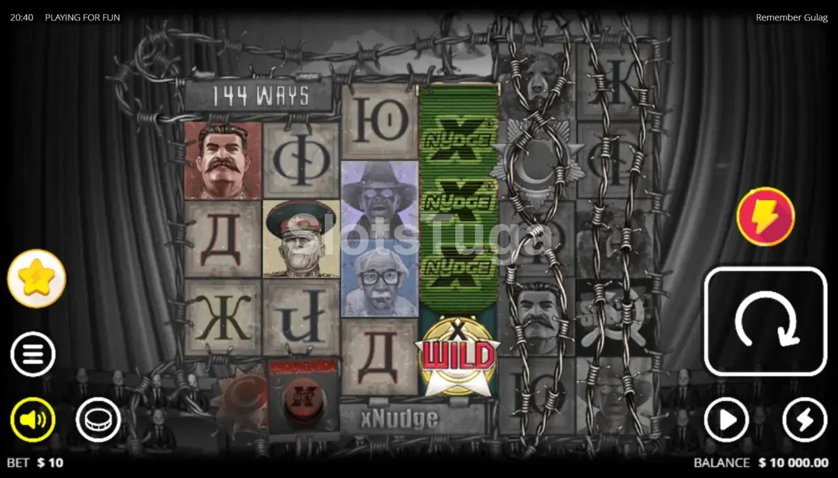 Jogo base da slot Remember Gulag com rouleaux e símbolos temáticos soviéticos