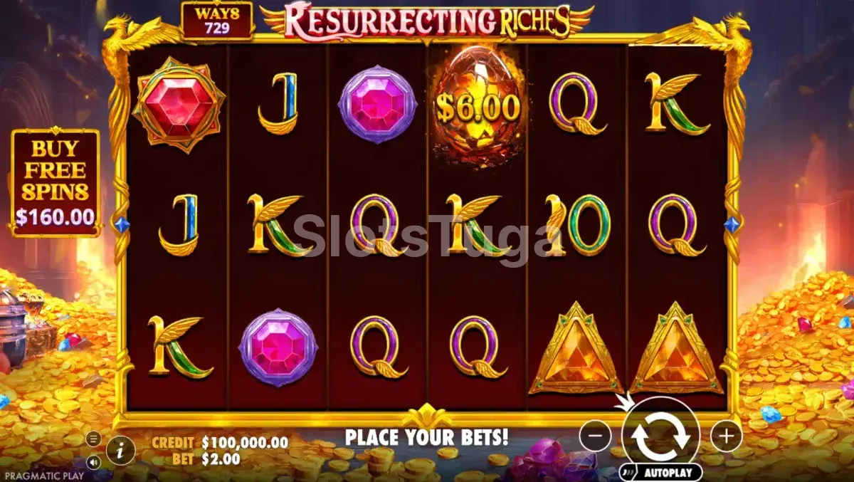 Jogo base do slot Resurrecting Riches com grid 6x3 e moedas de ouro