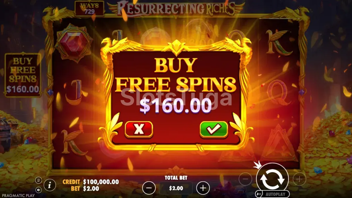 Tela de compra de bônus do Resurrecting Riches com opção Bonus Buy