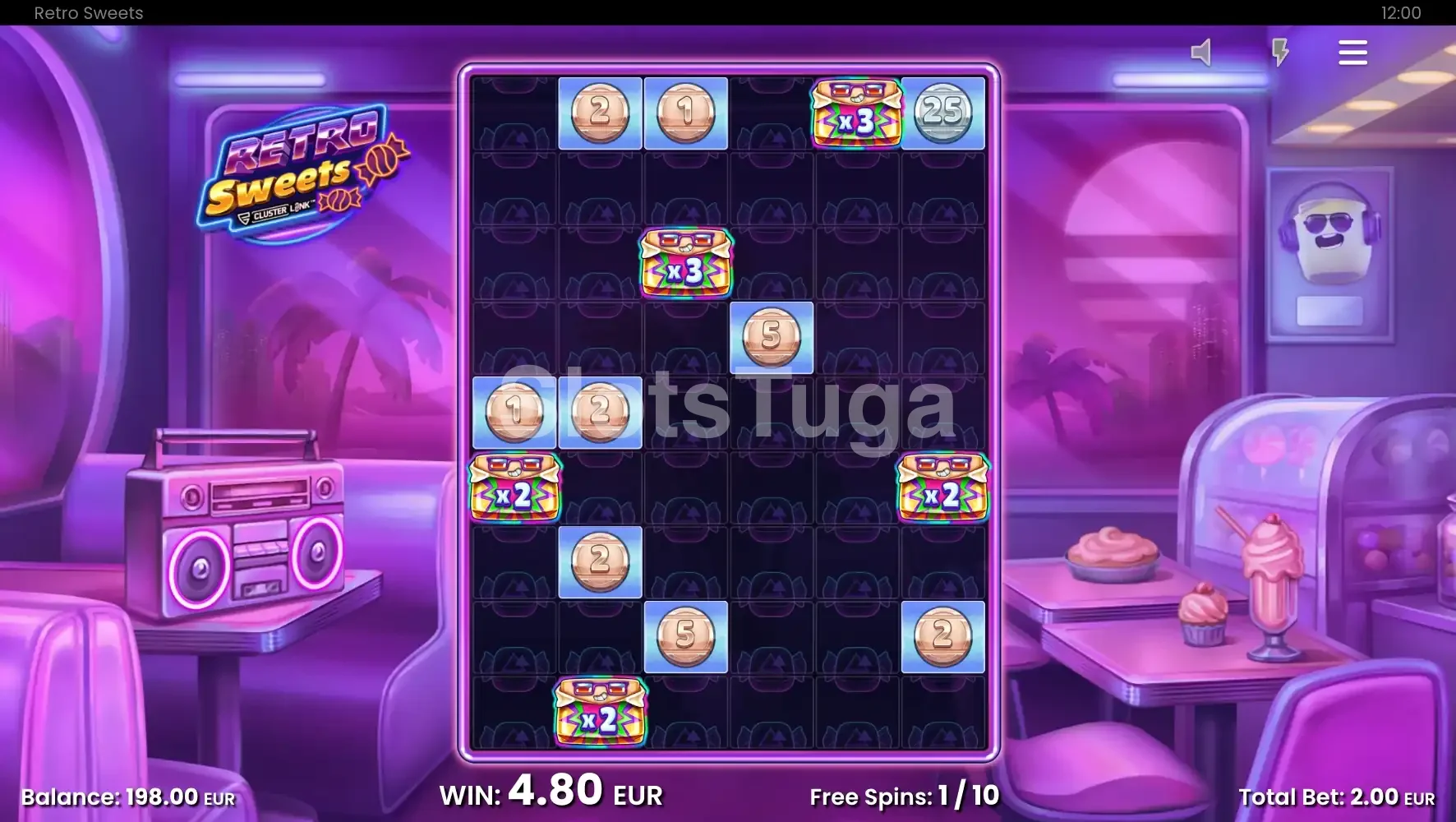 Rodadas grátis da Retro Sweets com multiplicadores e símbolos brilhantes