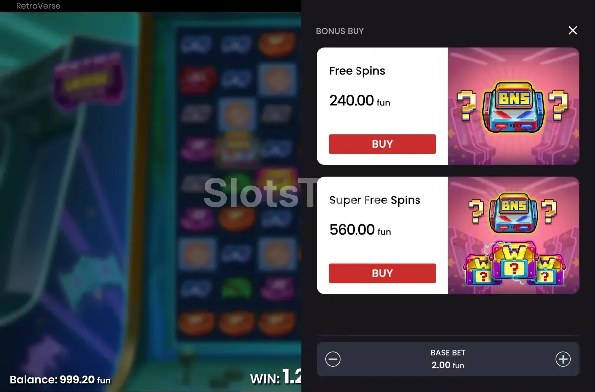 Opções de bonus buy da slot Retroverse com preços e detalhes