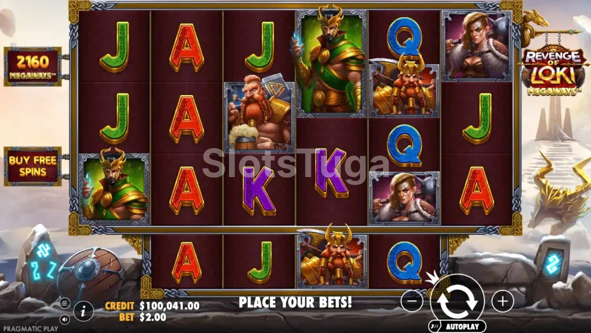 Jogo base do Revenge of Loki Megaways com cenário gelado e runas brilhantes