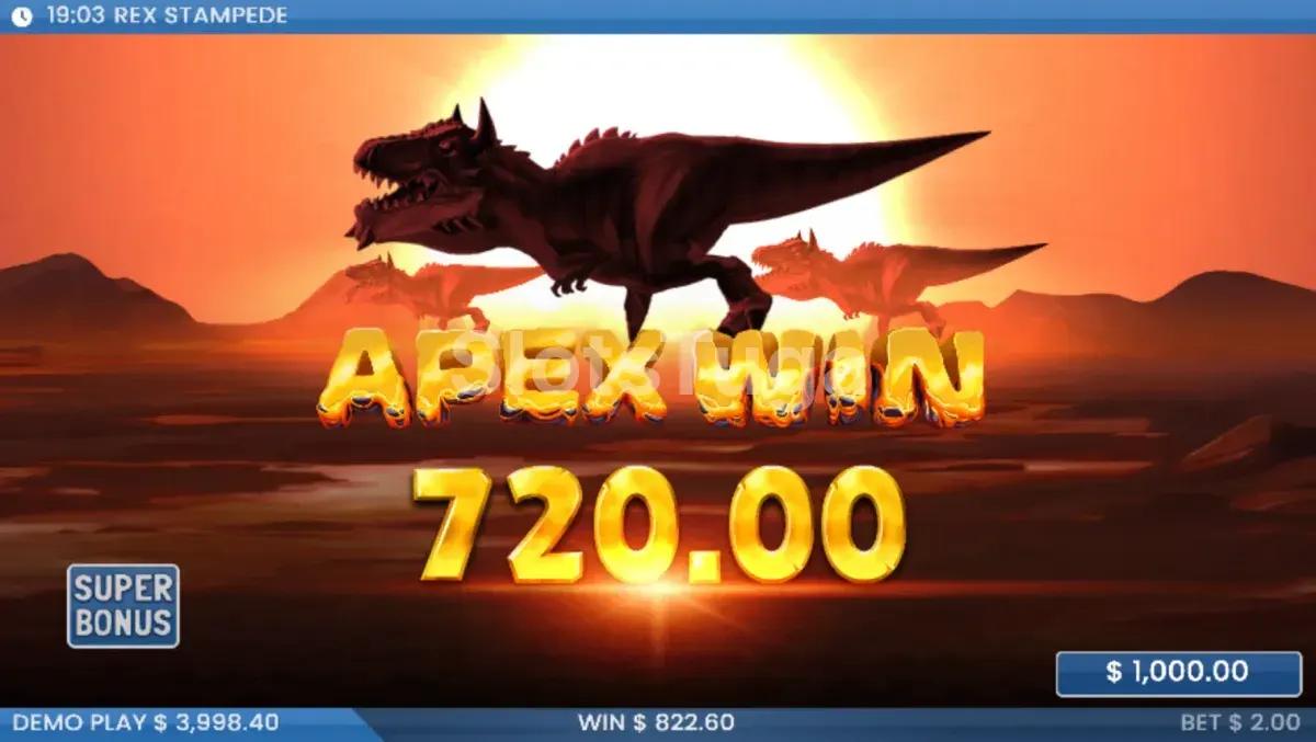 Big win no Rex Stampede com manada de T-Rex na tela