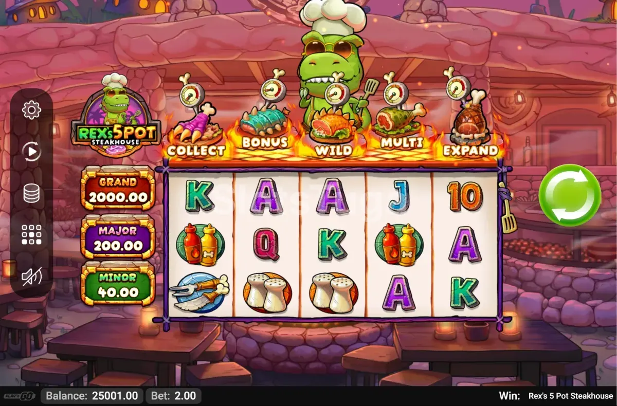 Jogo base de Rexs 5 Pot Steakhouse com a grelha de 5 rolos e 3 filas