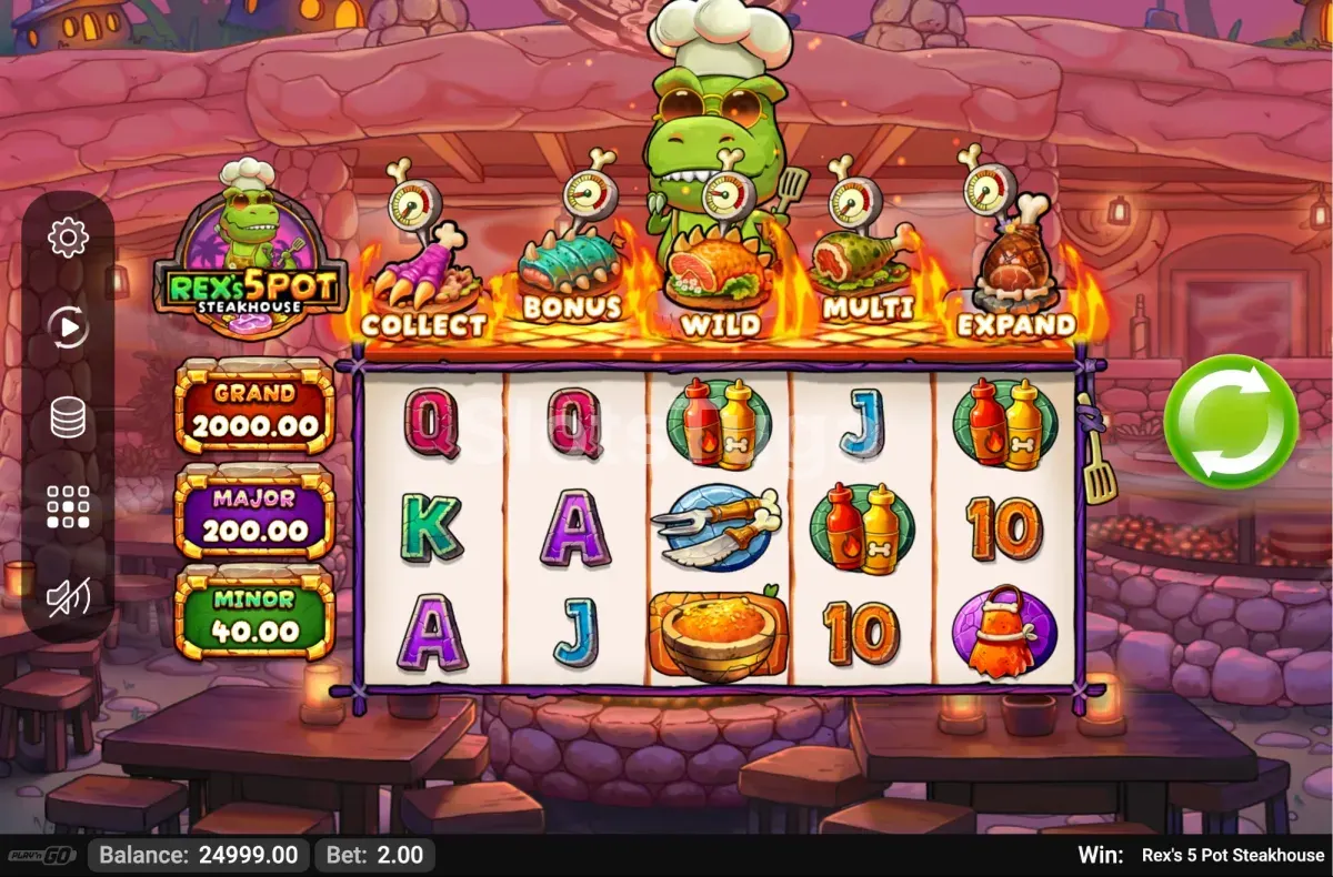 Rodada do jogo base de Rexs 5 Pot Steakhouse com símbolos temáticos do restaurante