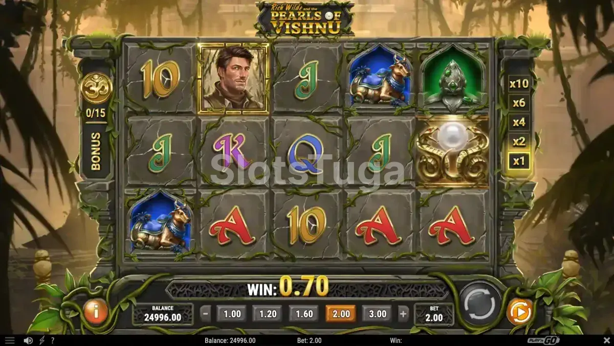 Segunda tela de jogo base do Rich Wilde and the Pearls of Vishnu com símbolos especiais ativados